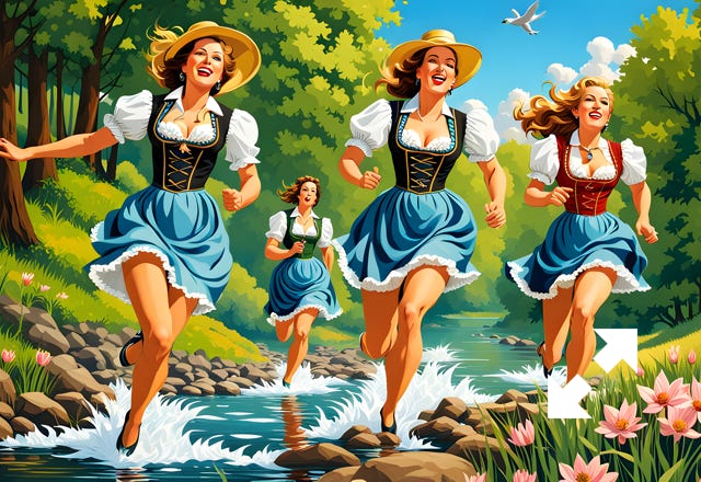 Mädchen im Dirndl laufen duch einen Gebirgsbach.